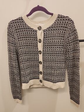 LOFT Black and Cream Button-Front Textured Cardigan